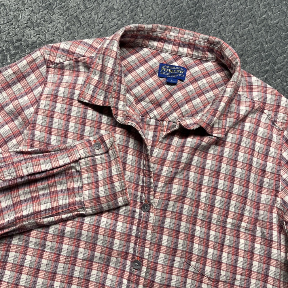 Pendleton Plaid Shirt Women Size L Red, Gray White Purple V Neck Button‎ Up Soft